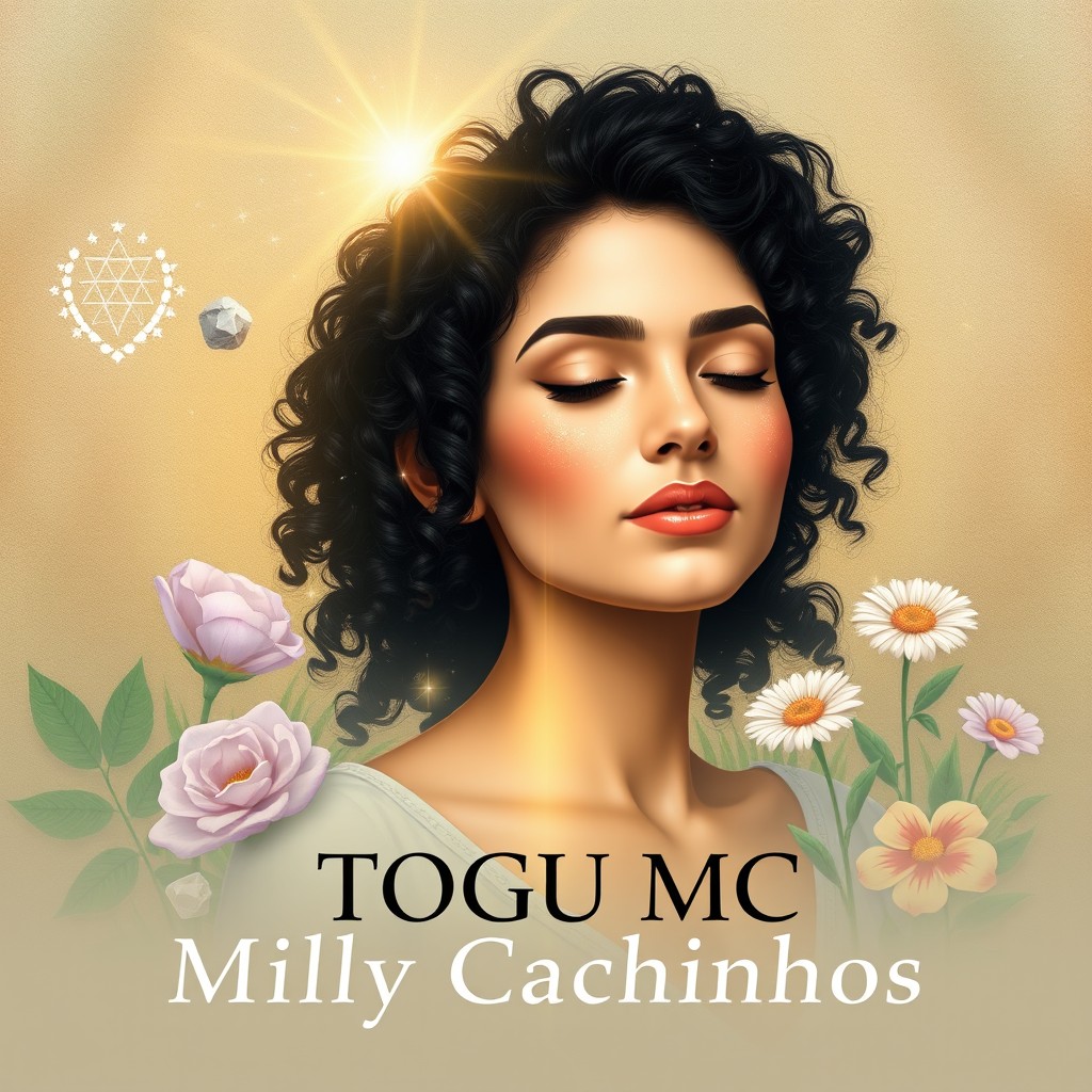 A square album cover art for the song 'Milly Cachinhos' by Togu MC, featuring a central character, a woman with fair skin and curly black hair representing Emily, exuding a serene and illuminated expression