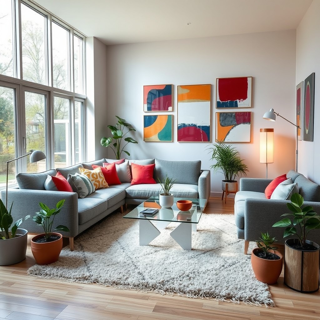 A stunning, mid-century modern living room with large windows that let in natural light