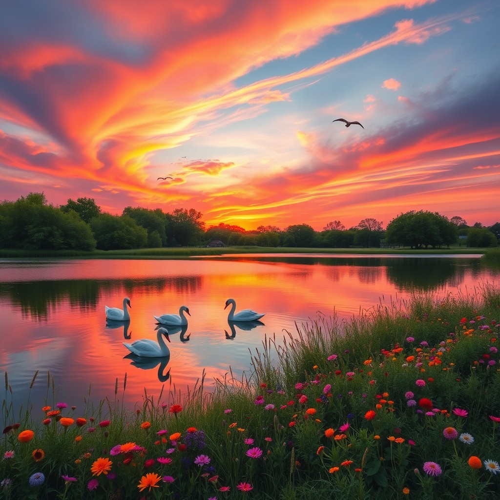 A serene landscape featuring a vibrant sunset with rich orange and pink hues illuminating the sky