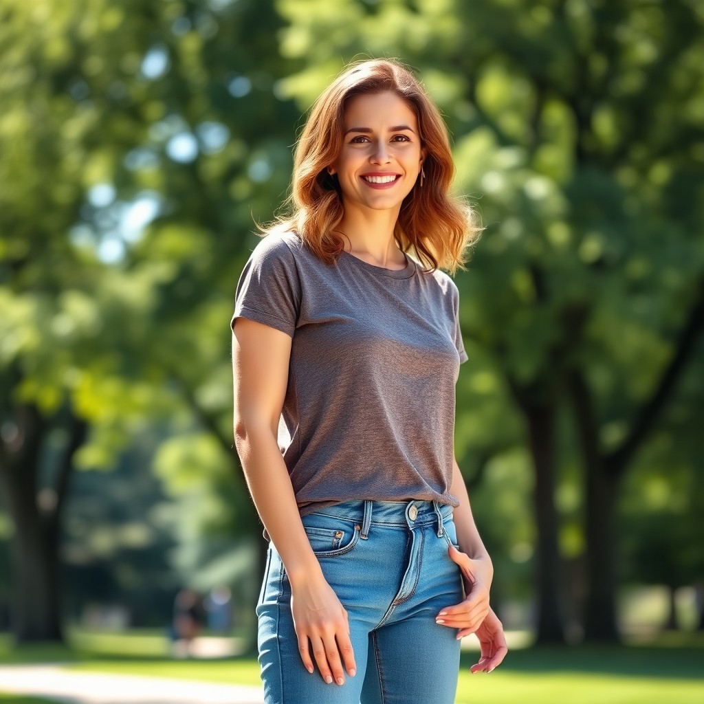 A stylish 35-year-old woman, looking healthy and vibrant, wearing a fitted pair of stylish jeans and a casual t-shirt