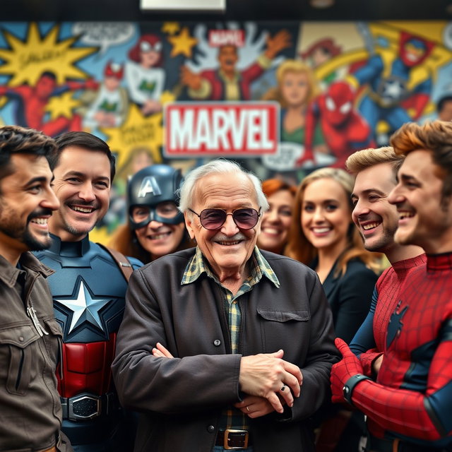An uplifting gathering scene featuring Stan Lee surrounded by various Marvel actors in a vibrant and lively atmosphere