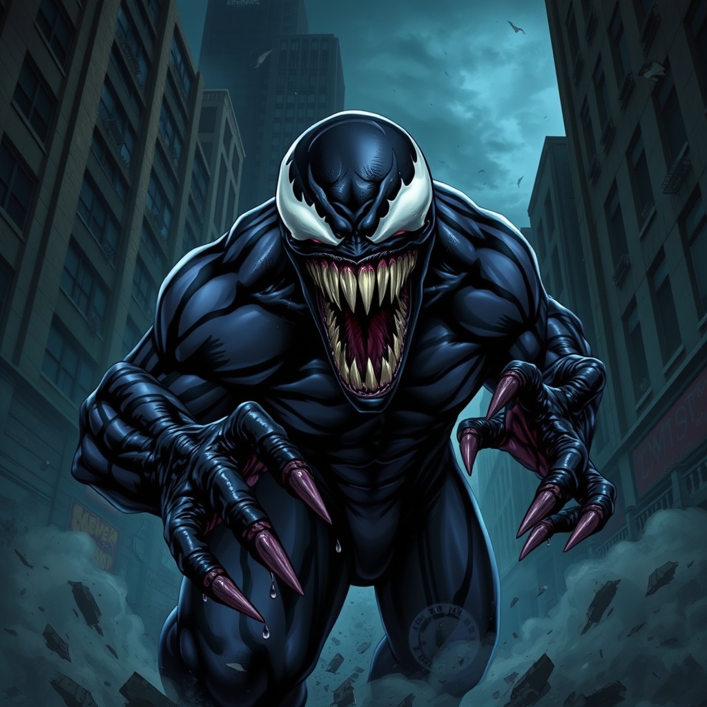 A dynamic illustration of a fierce Venom-like character emerging dark and menacing from the shadows