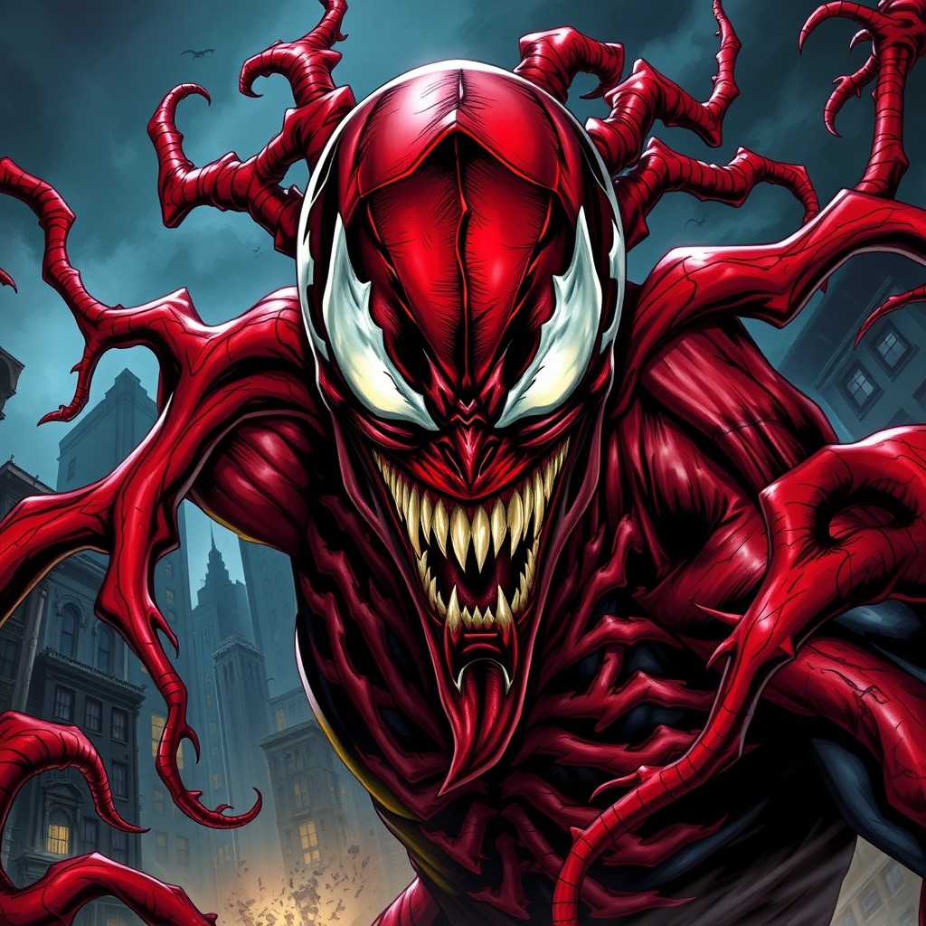 A powerful and dynamic portrayal of Carnage, the infamous comic book character known for his unsettling appearance and chaotic energy