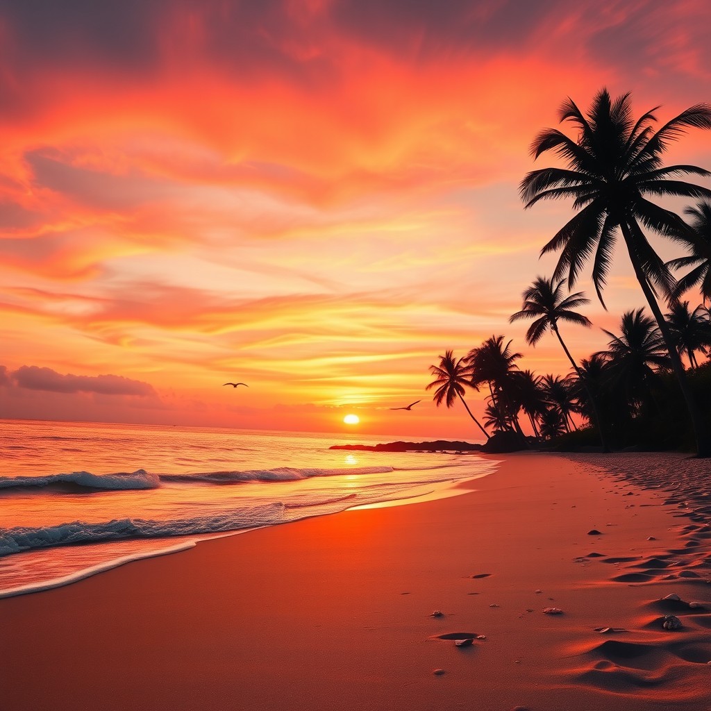 A beautiful sunset over a serene beach, with vibrant orange and pink hues in the sky reflecting on the calm ocean waters