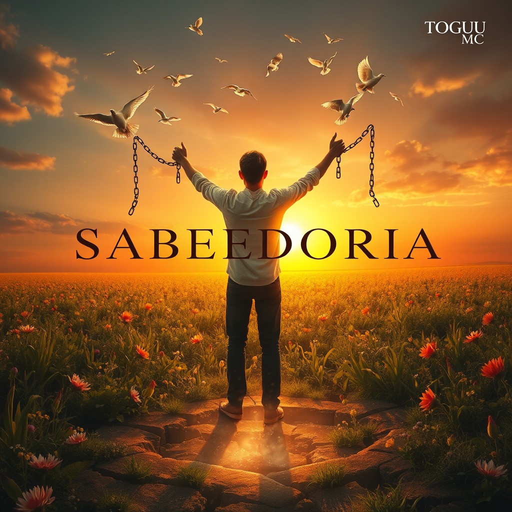 A realistic yet surreal artwork depicting a man seen from the back in a vibrant field at sunset, releasing chains that transform into birds or leaves