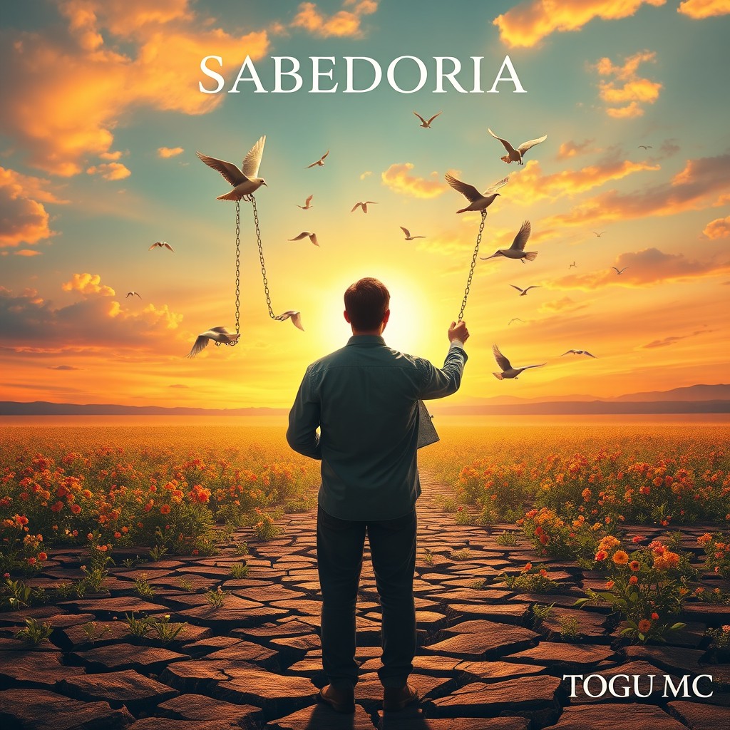 A realistic yet surreal artwork featuring a man seen from the back, standing in a vast field at sunset