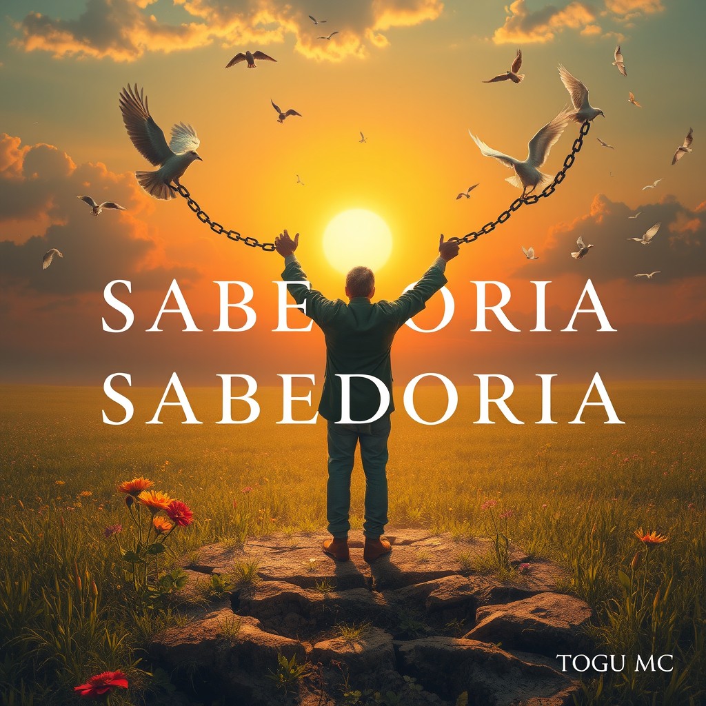 A realistic yet surreal artwork depicting a man standing with his back to us in a vast field at sunset, releasing chains that transform into birds or leaves