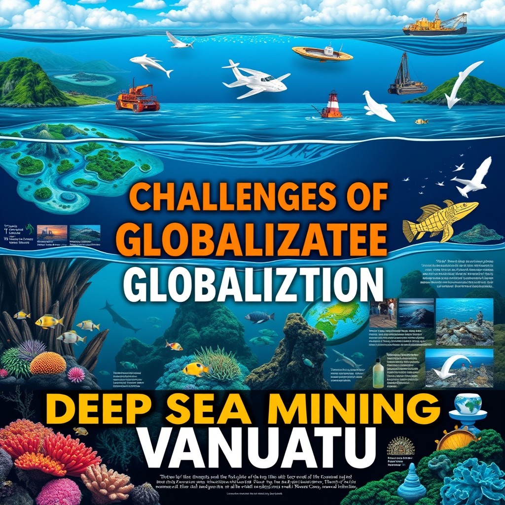 A vibrant and informative poster illustrating the challenges of globalization, focusing on deep-sea mining in Vanuatu