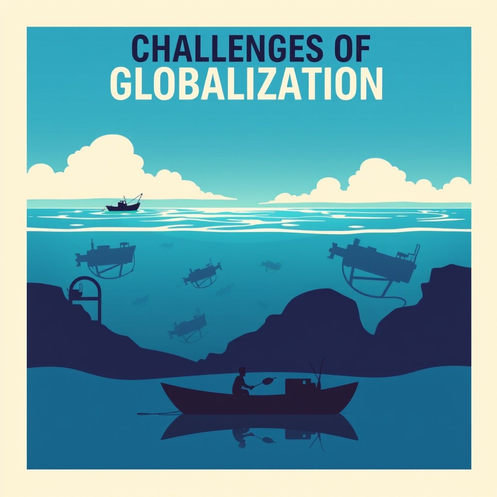 A simple yet impactful poster illustrating the challenges of globalization, featuring the theme of deep sea mining in Vanuatu