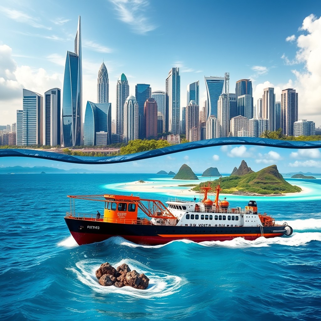 A vibrant poster showcasing a futuristic city skyline in the top half, with sleek skyscrapers and green spaces