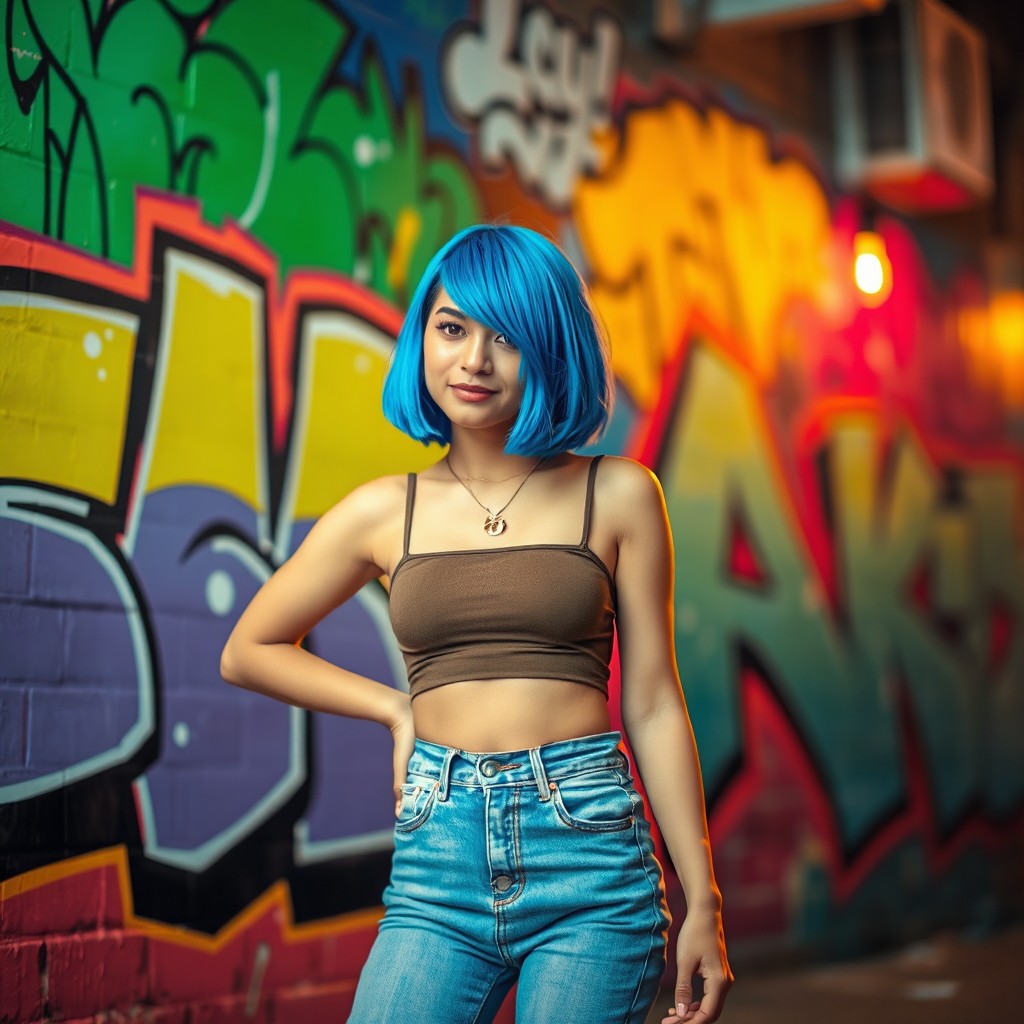 A stylish and fashionable young woman, with vibrant blue hair in a chic bob cut, wearing a trendy crop top and high-waisted jeans, confidently posing against a colorful urban graffiti wall