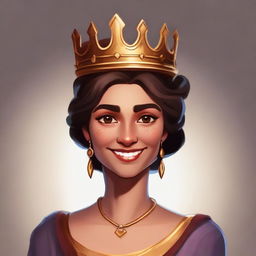 Create a 2D hand-painted avatar portrait, illustrating a woman with a light smile wearing a crown. The style should resemble the aesthetic of the game 'Forge of Empires'.