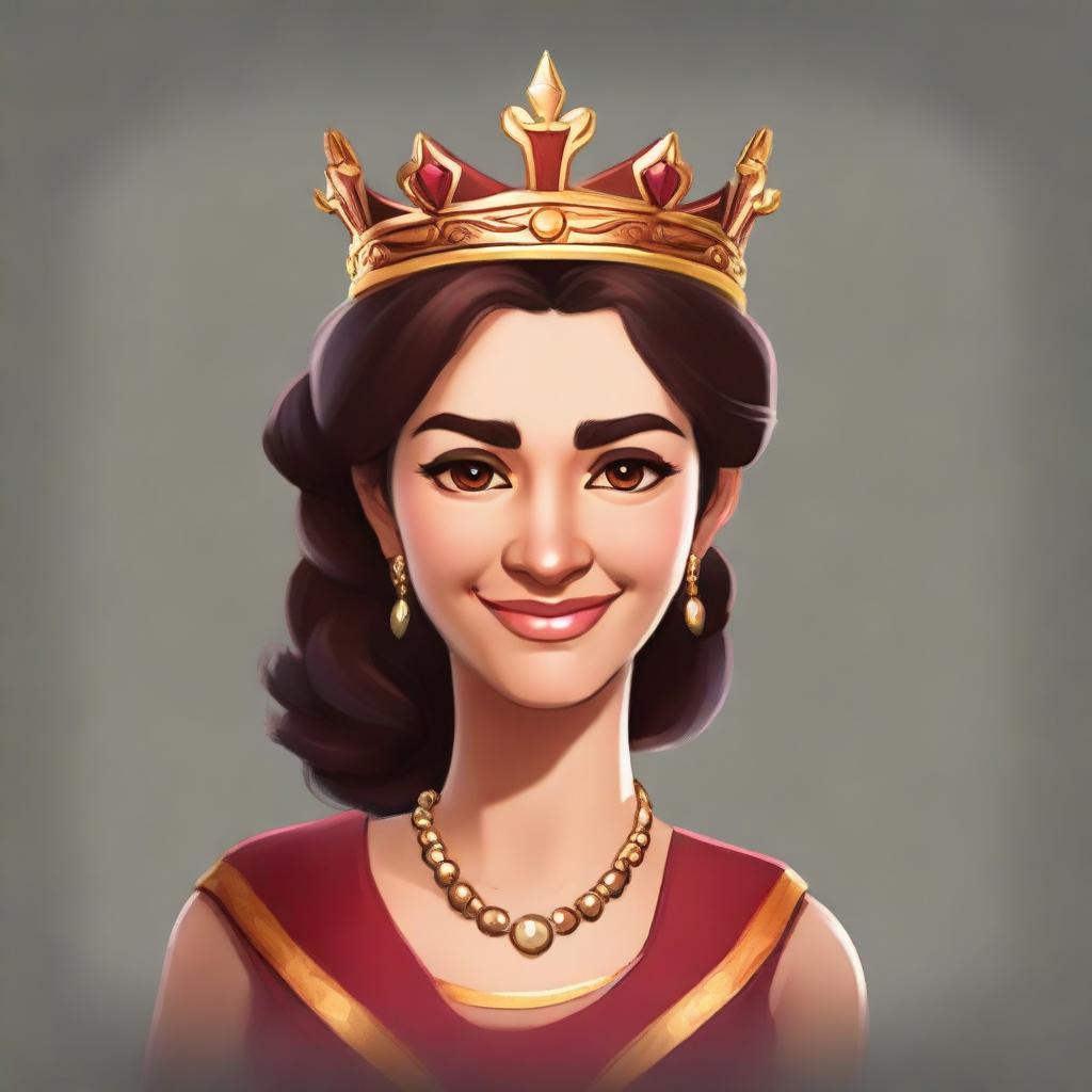 Create a 2D hand-painted avatar portrait, illustrating a woman with a light smile wearing a crown. The style should resemble the aesthetic of the game 'Forge of Empires'.