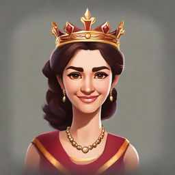 Create a 2D hand-painted avatar portrait, illustrating a woman with a light smile wearing a crown. The style should resemble the aesthetic of the game 'Forge of Empires'.