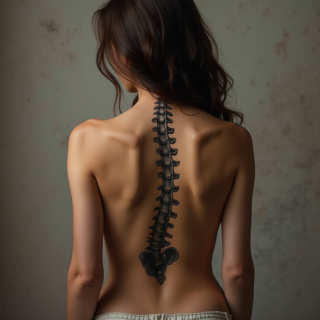 A realistic portrait of a woman facing away from the viewer, showcasing a beautifully detailed tattoo of the bones of her spine vertebrae that curves gracefully down the middle of her back and extends all the way down to her lower back