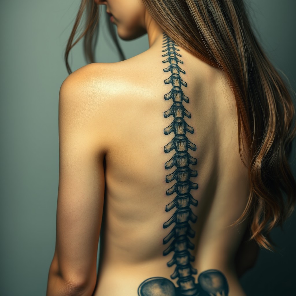 A realistic portrait of a woman with a beautifully detailed tattoo of the bones of her spine vertebrae, which is slightly curved and extends all the way down her spine to the sacrum
