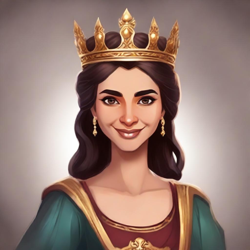 Create a 2D hand-painted avatar portrait, illustrating a woman with a light smile wearing a crown. The style should resemble the aesthetic of the game 'Forge of Empires'.