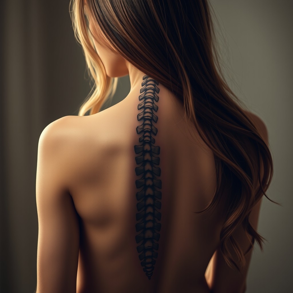 A realistic portrait of a woman facing away from the viewer, displaying a beautifully detailed tattoo positioned in the middle of her back