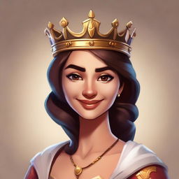 Create a 2D hand-painted avatar portrait, illustrating a woman with a light smile wearing a crown. The style should resemble the aesthetic of the game 'Forge of Empires'.