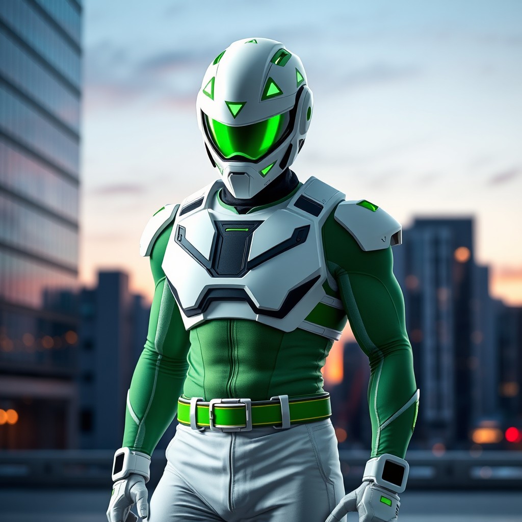A dynamic character donned in a striking white helmet, decorated with vibrant green triangles and lines that create a bold, eye-catching design, complemented by a sleek green visor that enhances his mysterious aura