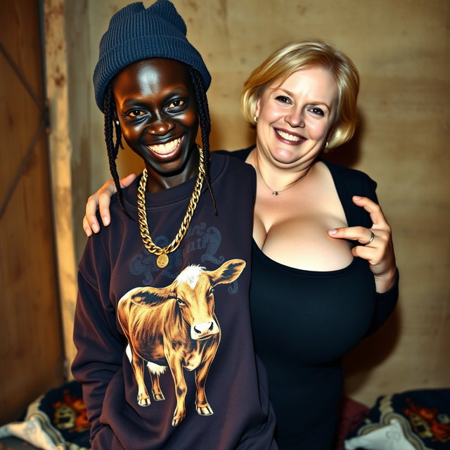 In a poor room, a wicked short African woman, aged 19 and appearing malnourished, is illustrated wearing a sweatshirt with a picture of a cow, a thick gold hip-hop chain, and a winter hat