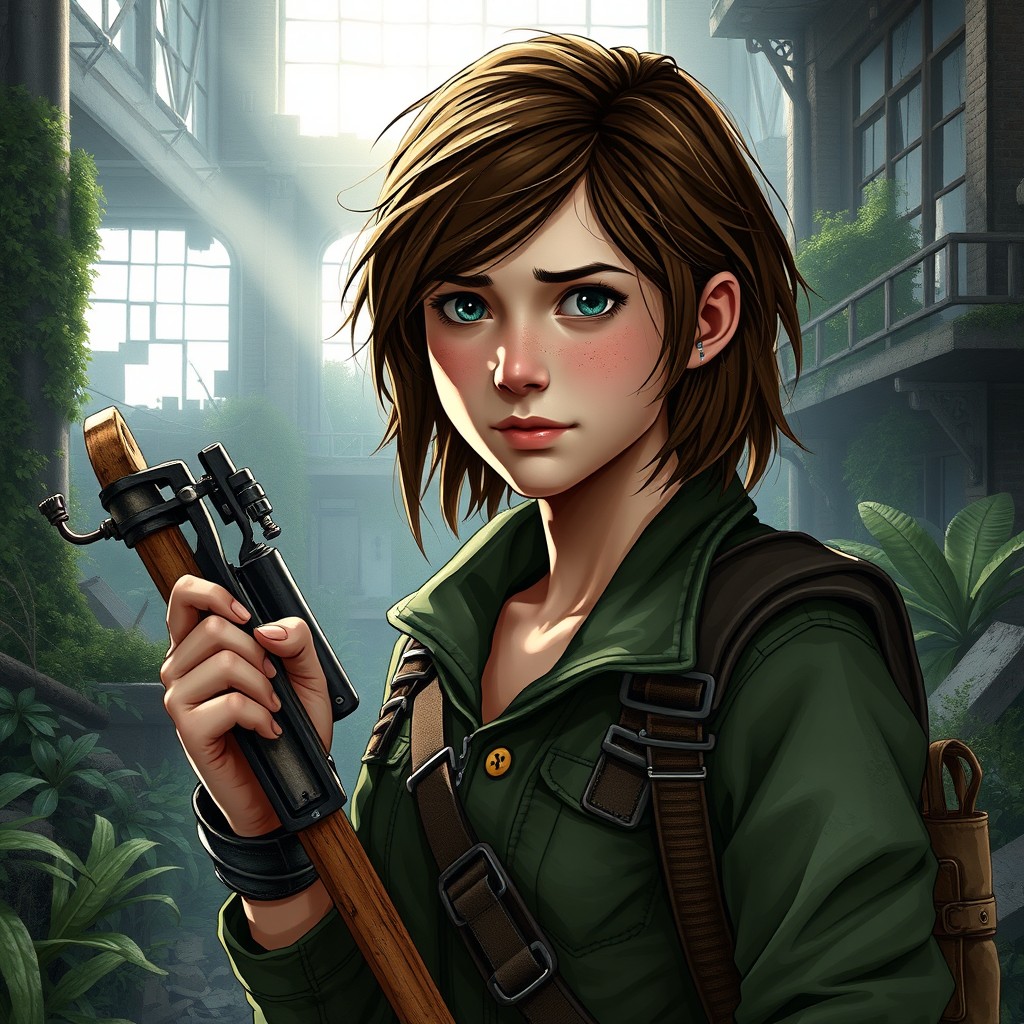 A detailed portrait of Ellie from the video game "The Last of Us," showcasing her youthful determination and resilience