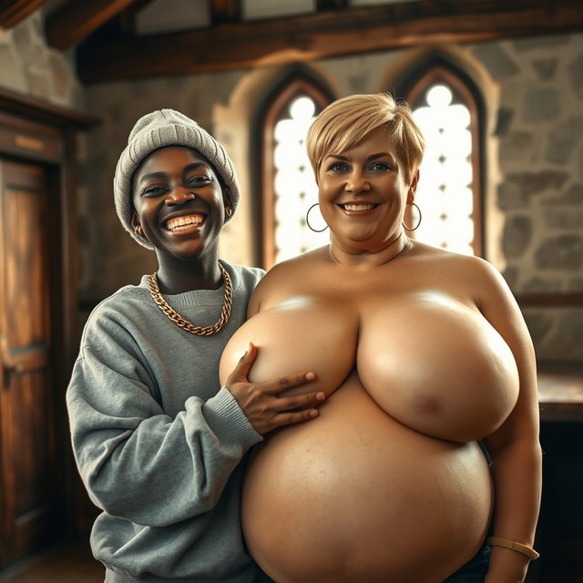 In a medieval room, a short, malnourished African woman, aged 25, is depicted wearing an oversized sweatshirt, smiling joyfully