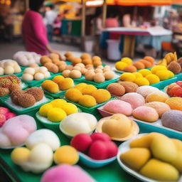 A vibrant food stall scene presenting a variety of street snacks including muffins, mochi, and Putu Ayu, colorfully arranged, inviting and mouth-watering.