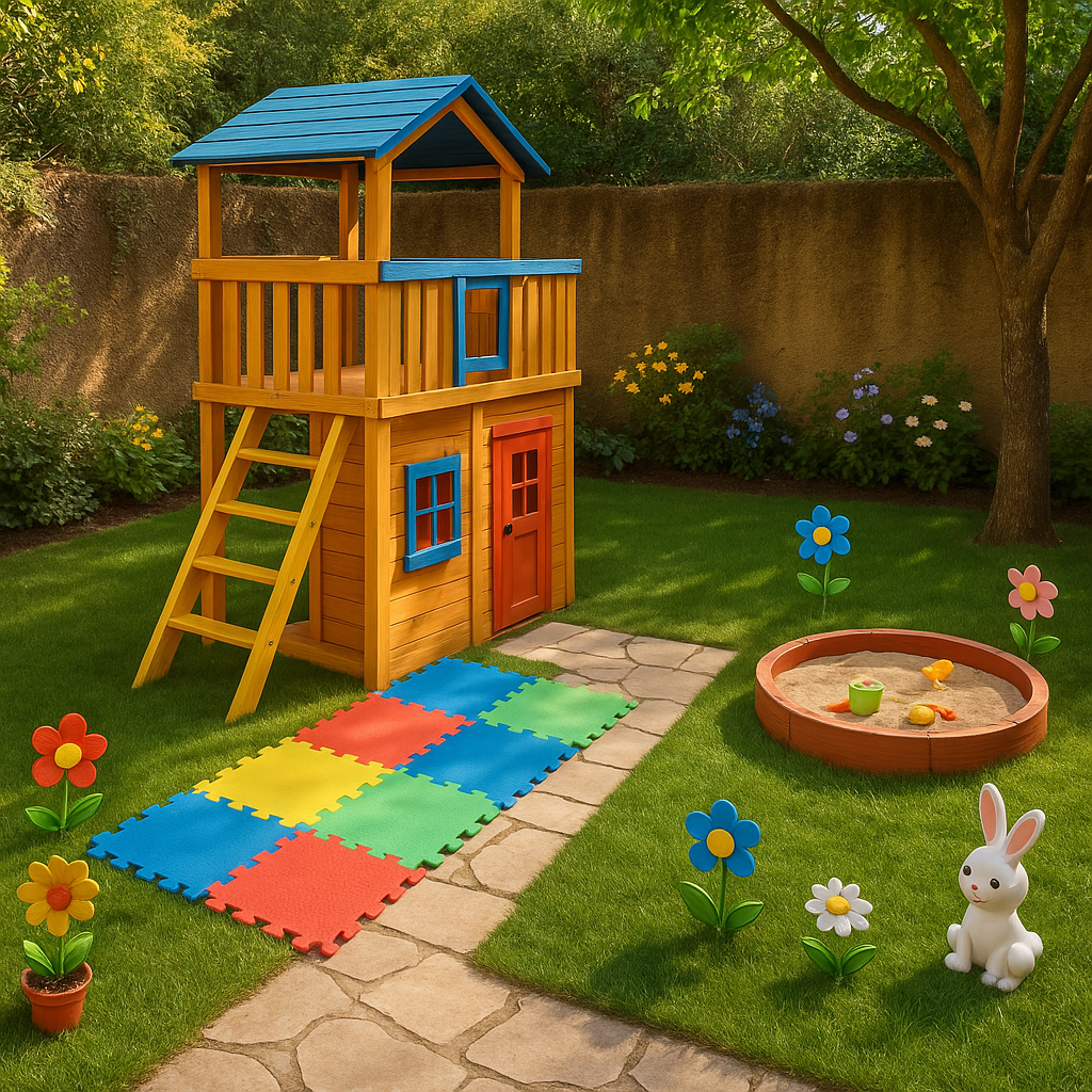 Tidy the space create a wooden cabana for kids to play around on both levels