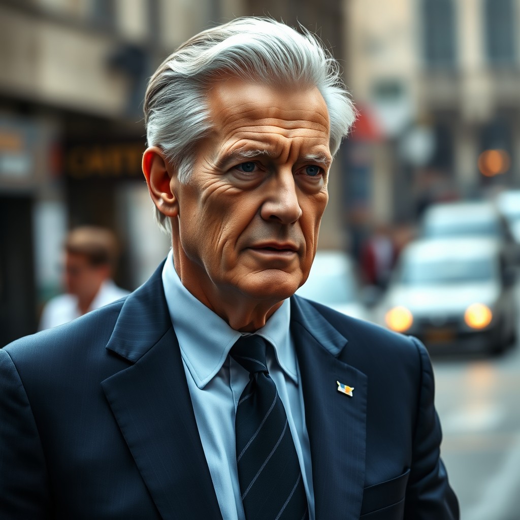 A dignified older gentleman impeccably dressed in a tailored navy suit, with salt-gray hair swept back elegantly