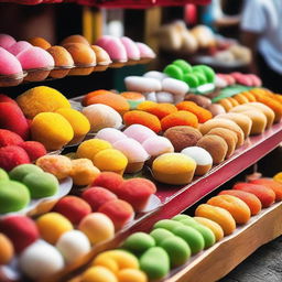 A vibrant food stall scene presenting a variety of street snacks including muffins, mochi, and Putu Ayu, colorfully arranged, inviting and mouth-watering.