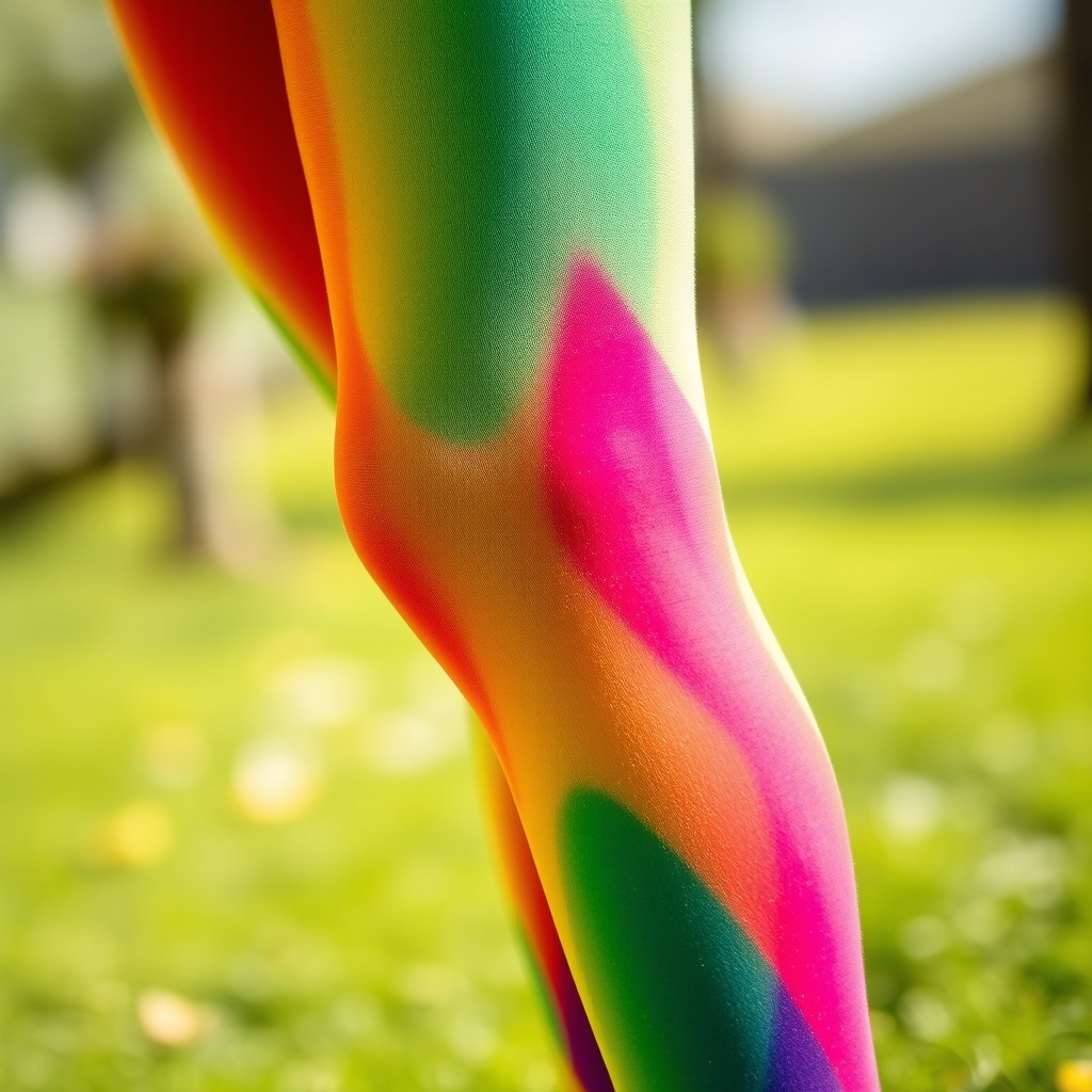 A vibrant close-up of a person wearing rainbow-colored tights, showcasing the spectrum of colors in vivid detail