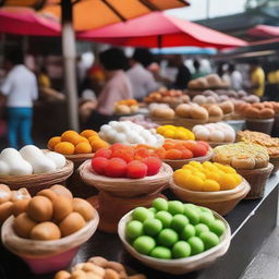 A vibrant food stall scene presenting a variety of street snacks including muffins, mochi, and Putu Ayu, colorfully arranged, inviting and mouth-watering.