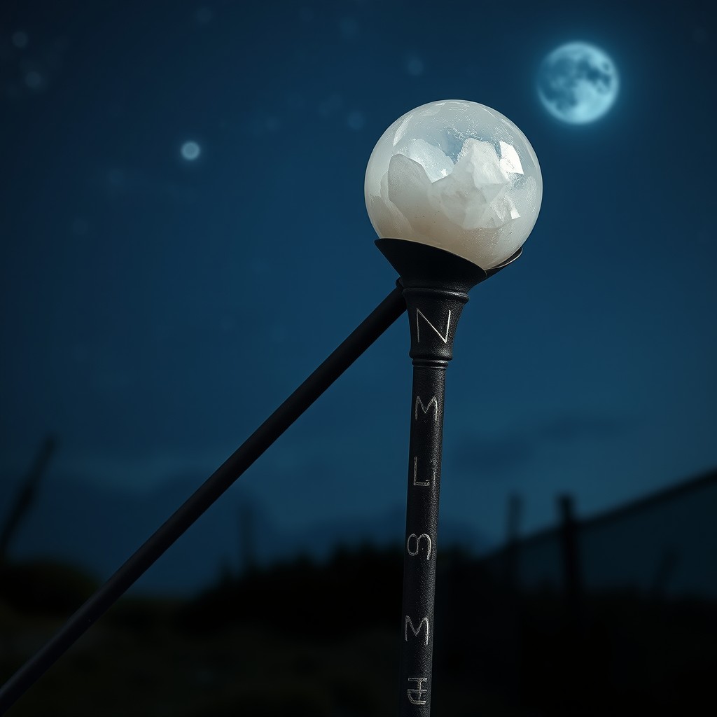 A thin, black iron rod elegantly designed, etched with shimmering silver runes that catch the moonlight, illuminating the intricate details of the symbols
