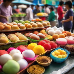 A vibrant food stall scene presenting a variety of street snacks including muffins, mochi, and Putu Ayu, colorfully arranged, inviting and mouth-watering.