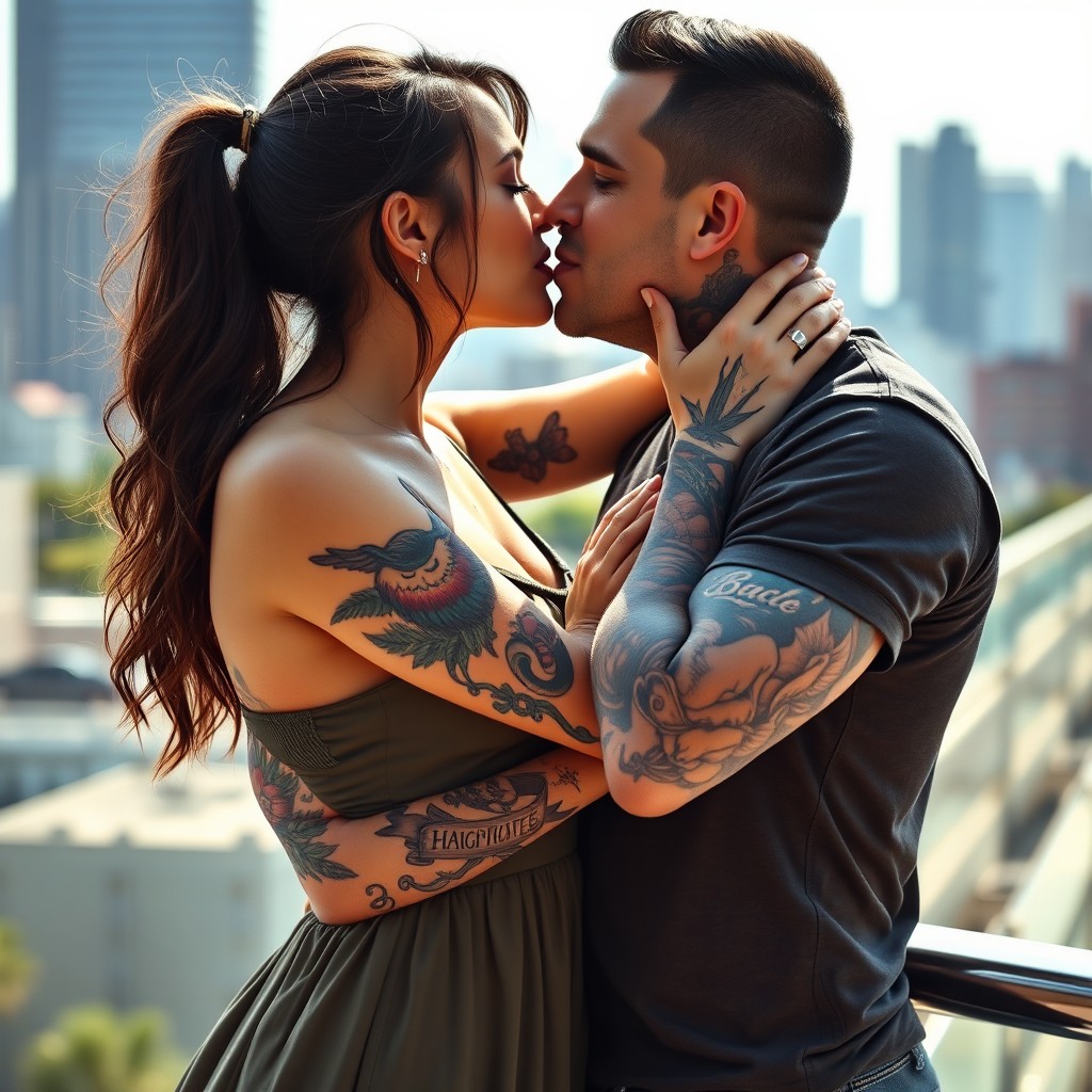 A passionate tattooed couple sharing a romantic kiss, surrounded by a beautiful urban backdrop