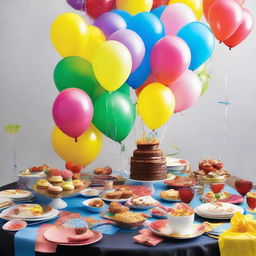 Design an imaginative and festive birthday menu. It should include colorful balloons, streamers, and a lively font presenting the variety of dishes to be served at the party.