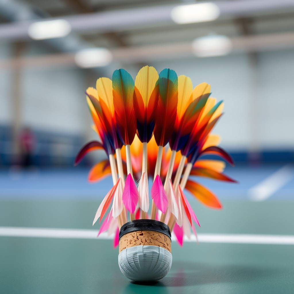 A close-up of a vibrant shuttlecock, featuring a feathered design with a colorful skirt, set against a blurred background of a badminton court