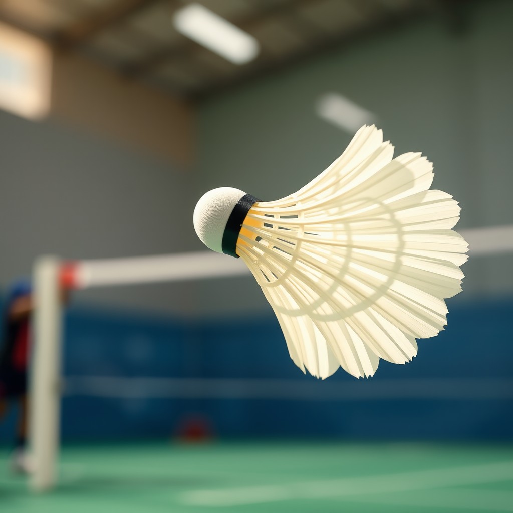 A dramatic scene of a white shuttlecock falling through the air, captured at the moment just before it hits the ground