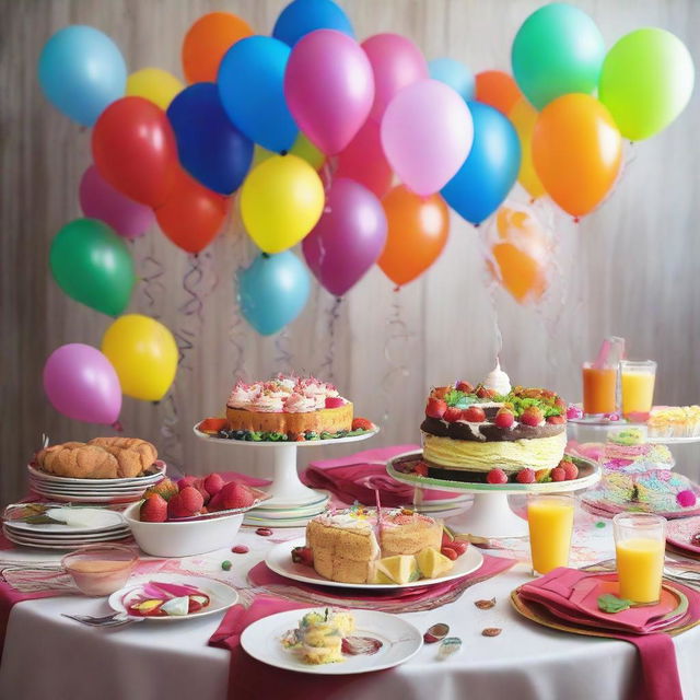 Design an imaginative and festive birthday menu. It should include colorful balloons, streamers, and a lively font presenting the variety of dishes to be served at the party.