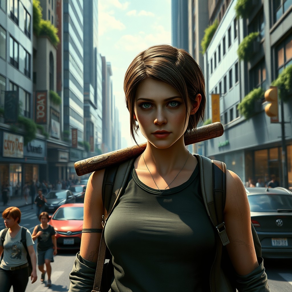 A photorealistic depiction of Ellie from "The Last of Us Part II" set in a modern contemporary world