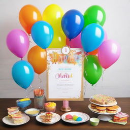 Design an imaginative and festive birthday menu. It should include colorful balloons, streamers, and a lively font presenting the variety of dishes to be served at the party.