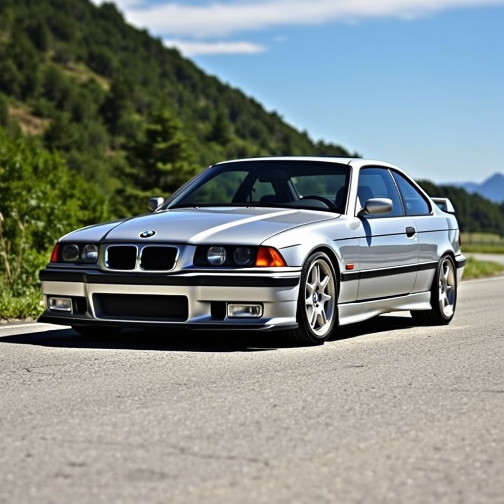 An iconic BMW M3 E39 in a sleek silver finish parked on a scenic mountain road
