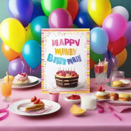 Design an imaginative and festive birthday menu. It should include colorful balloons, streamers, and a lively font presenting the variety of dishes to be served at the party.