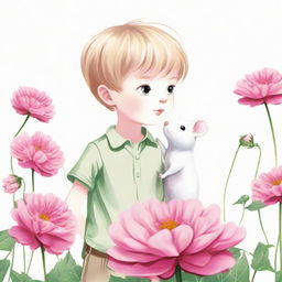 A curious boy and a small white mouse gazing at each other while standing on a vibrant pink flower, set against a stark white background