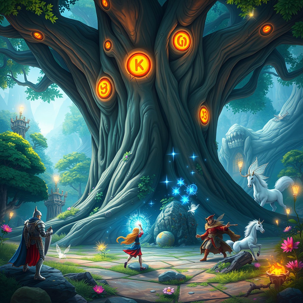 A vibrant fantasy game scene set in an enchanted forest, featuring a majestic, ancient tree with glowing runes carved into its bark