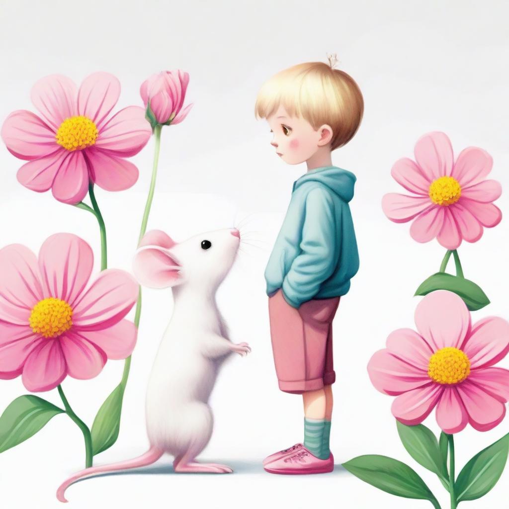 A curious boy and a small white mouse gazing at each other while standing on a vibrant pink flower, set against a stark white background