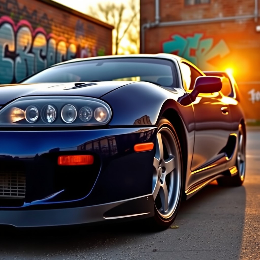 A stunning 1998 Toyota Supra MK4 in a sleek dark blue color, showcasing its iconic aerodynamic design and distinctive rear wing