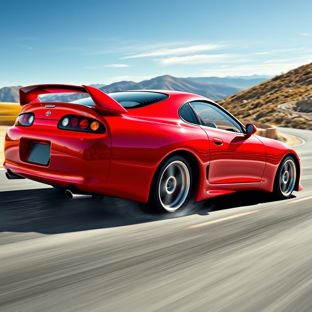 An impressive 1998 Toyota Supra MK4 captured in a dynamic racing scene, showcasing its sleek, muscular body in a vibrant red color