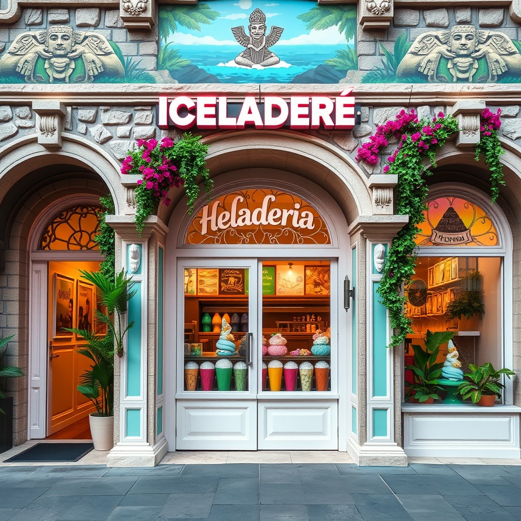 A charming facade of an ice cream shop with a touch of Mayan theme